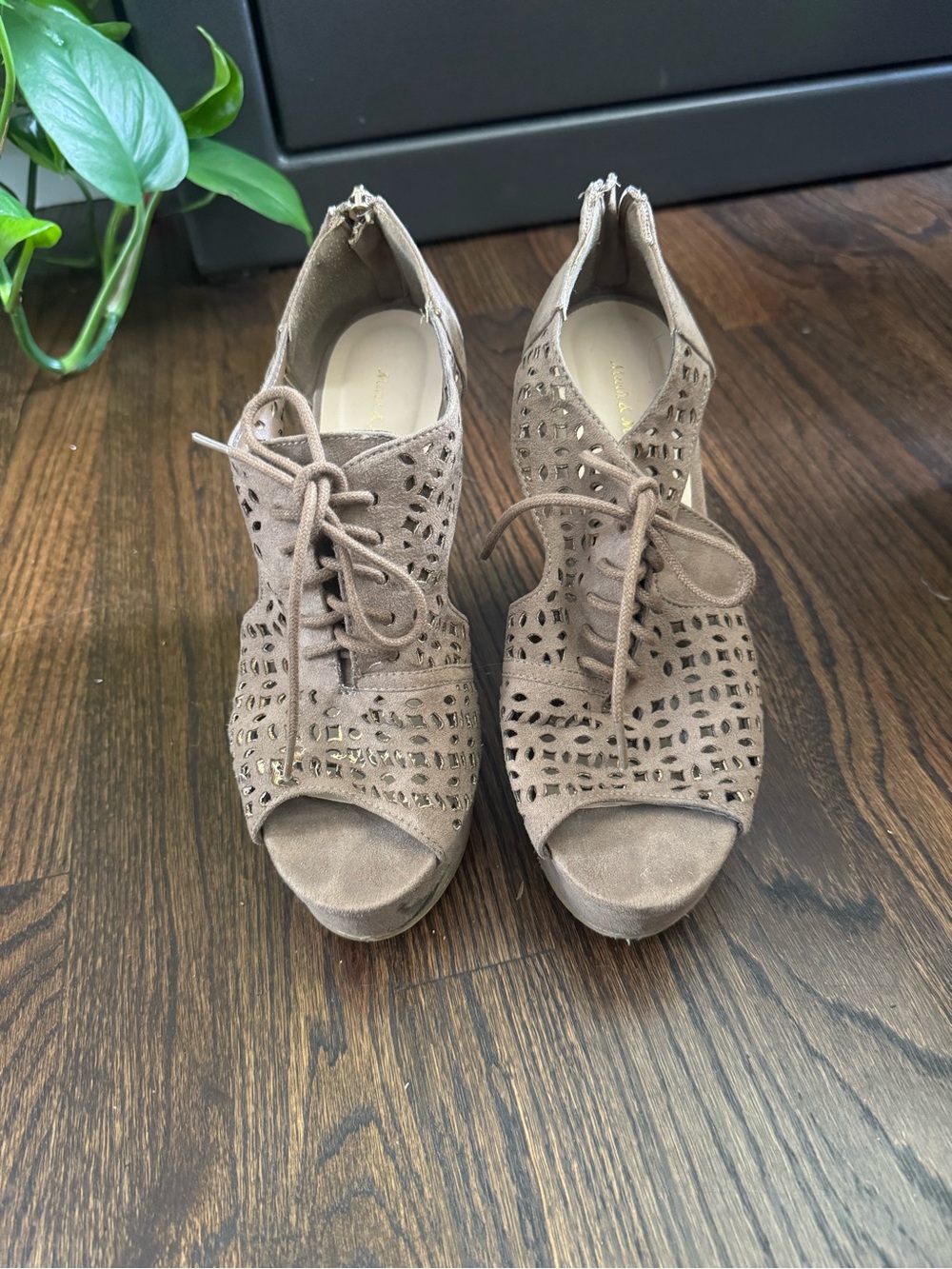 Taupe Laser-Cut Peep-Toe Lace-Up Heels